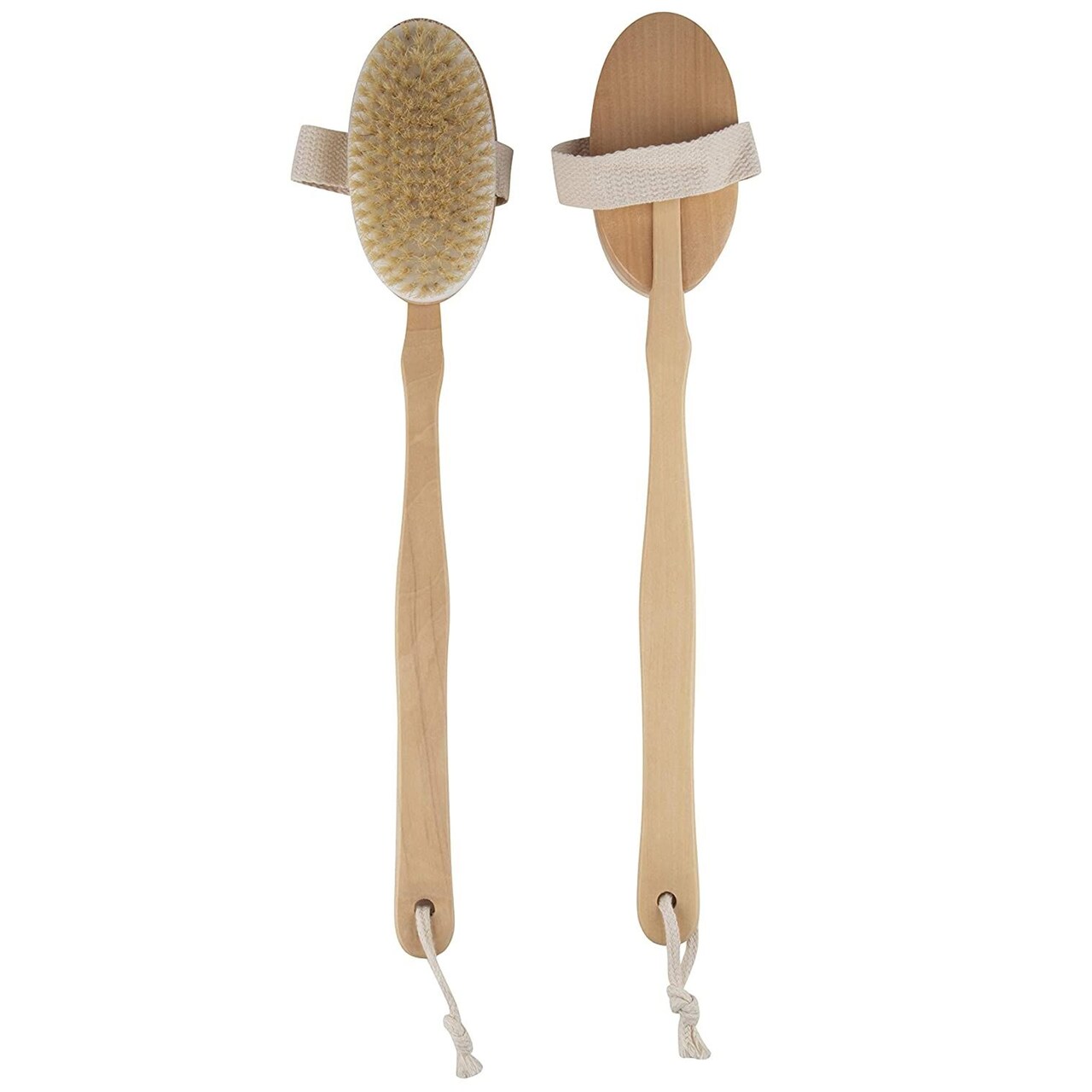 Dry Brushing Body Brush -2-Pack Natural Bristle Back Exfoliating Scrub with Detachable Long Handle and Hanging Loop, Shower, Beauty Spa, Skin Treatment, 16.9 Inches